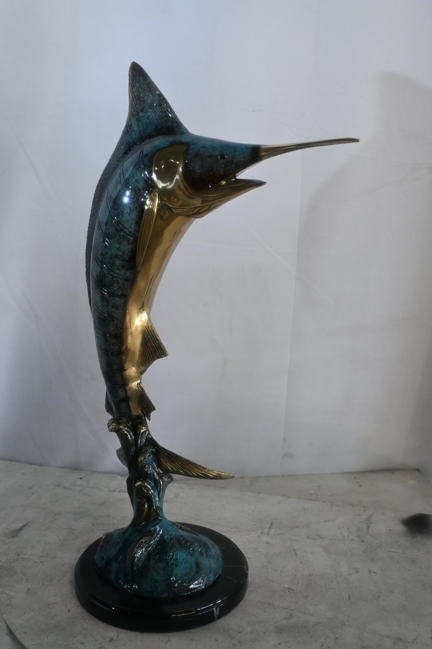 Blue Marlin Bronze Sculpture Leaping Ocean Wave 15"x6"x23"H