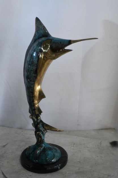 Blue Marlin Bronze Sculpture Leaping Ocean Wave 15"x6"x23"H