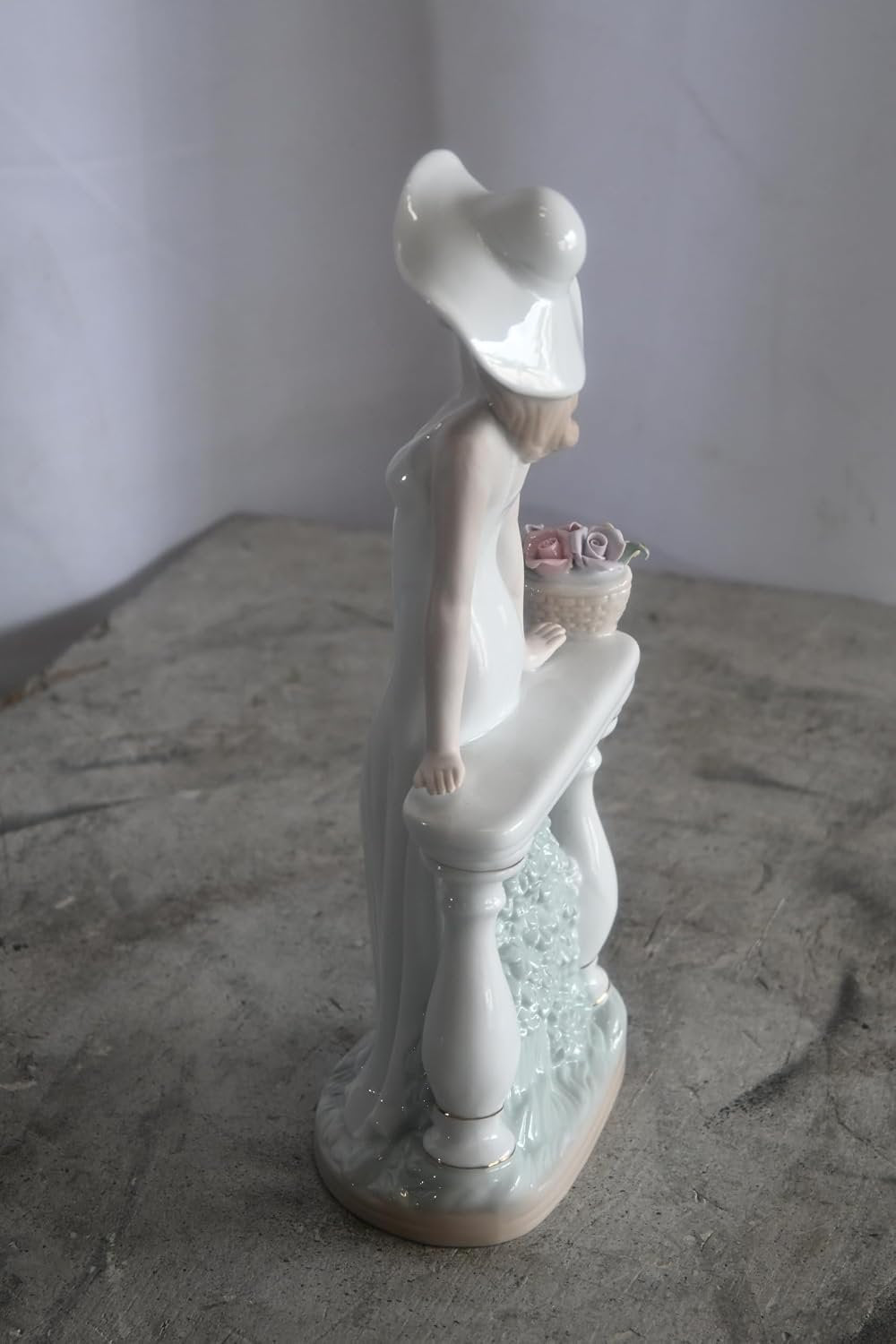 Porcelain Elegant Lady White Gown Hat Rose Basket Statue 6"x4"x12"H