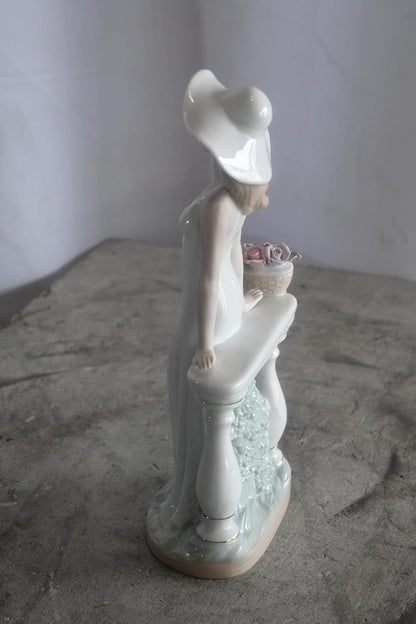 Porcelain Elegant Lady White Gown Hat Rose Basket Statue 6"x4"x12"H