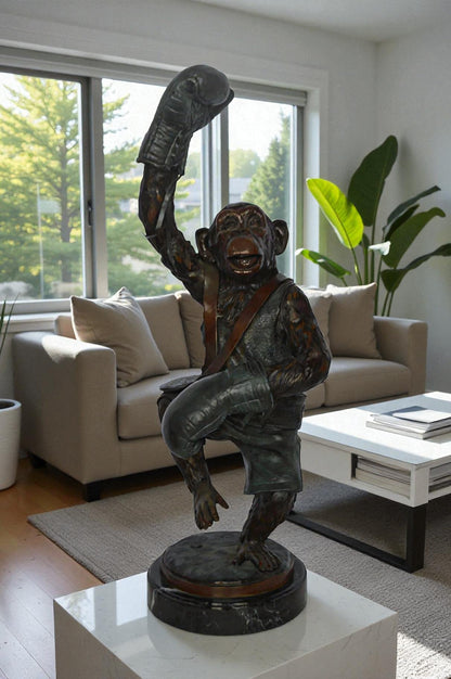 Nifao Boxing Monkey Bronze Statue - Humorous Bronze Monkey Sculpture - Size: 10"L x 12"W x 33"H.