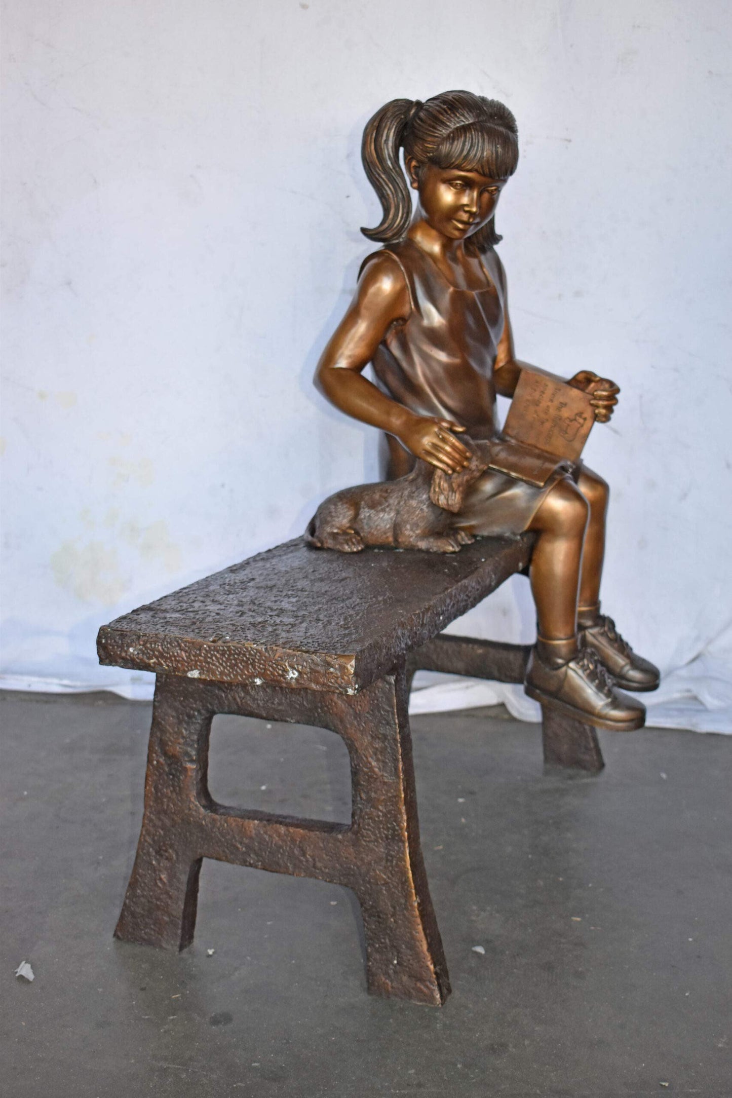 Young Girl with Her Puppy on Bench Reading Bronze Statue, Size 37" x 17" x 38"H