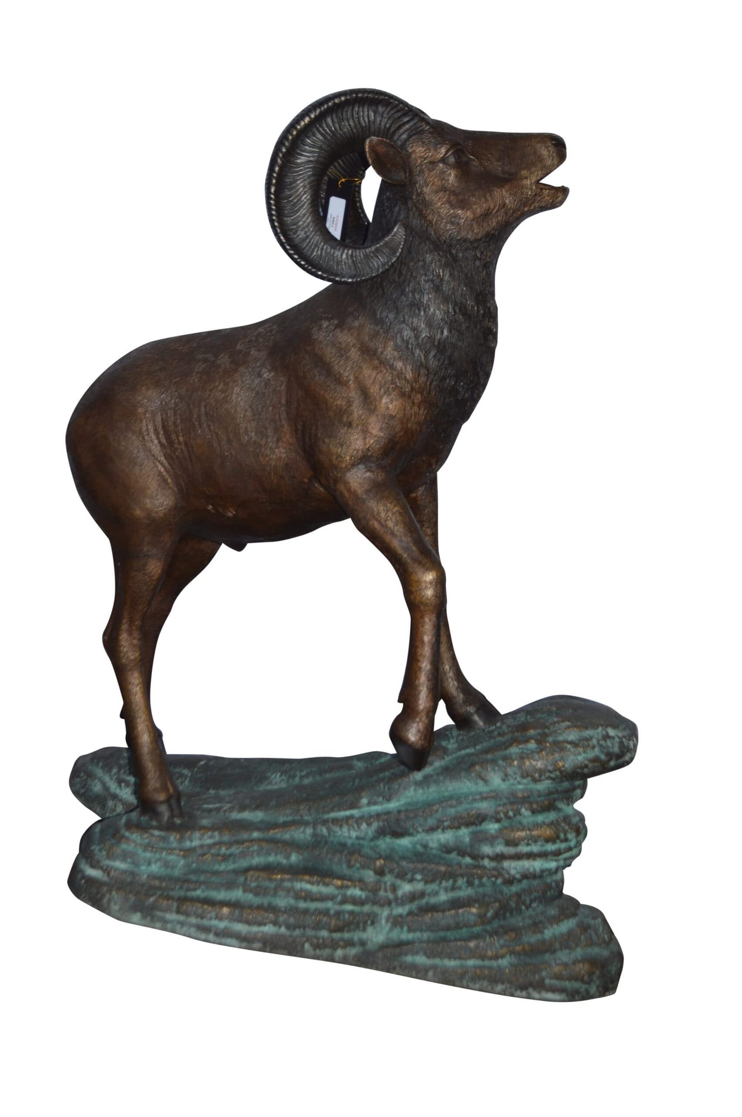 Life Size Ram standing on a rock Bronze Statue - Size: 38"L x 19"W x 45"H.