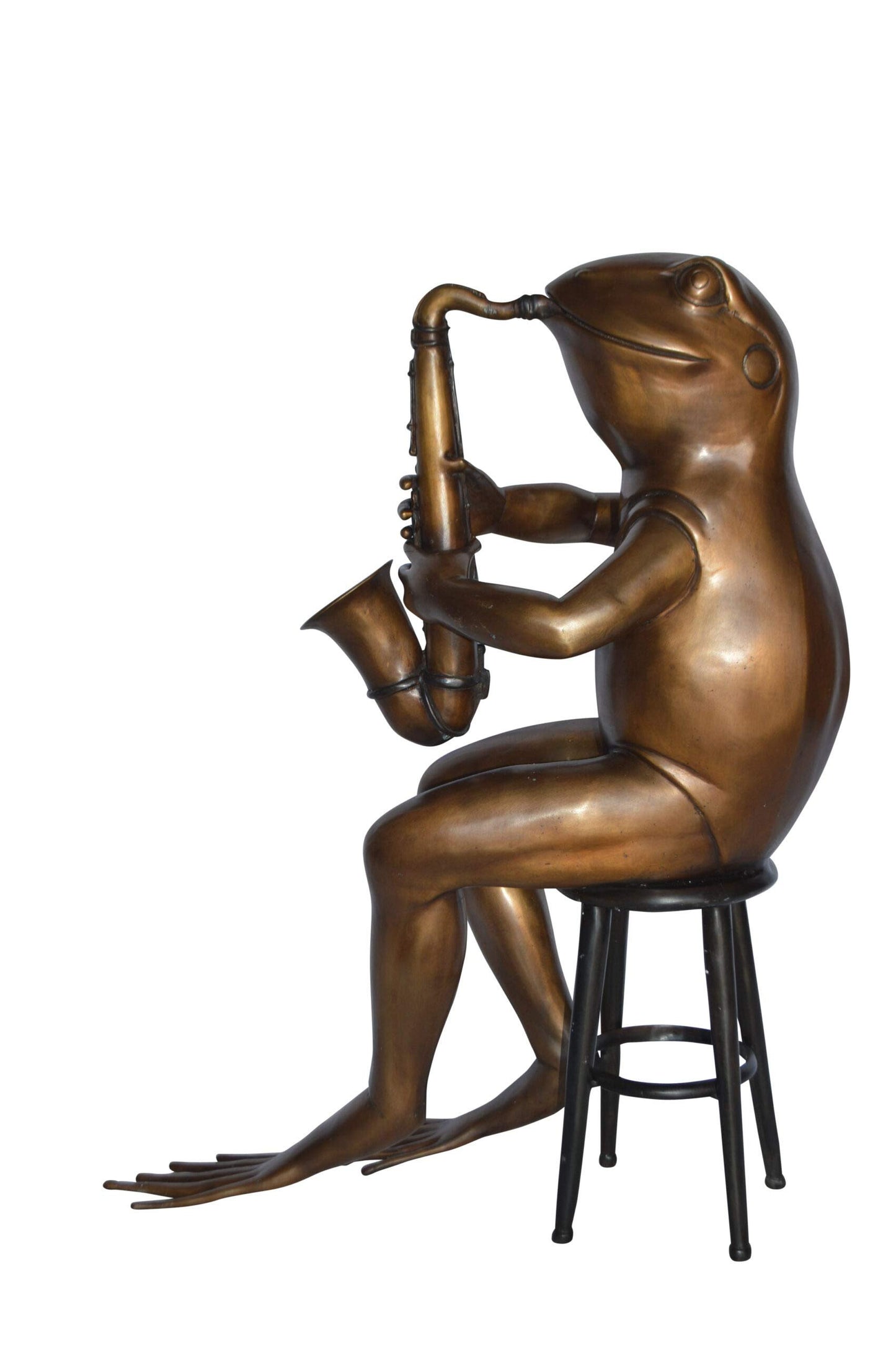 Frog playing saxophone bronze statue - Size: 23"L x 15"W x 30"H.