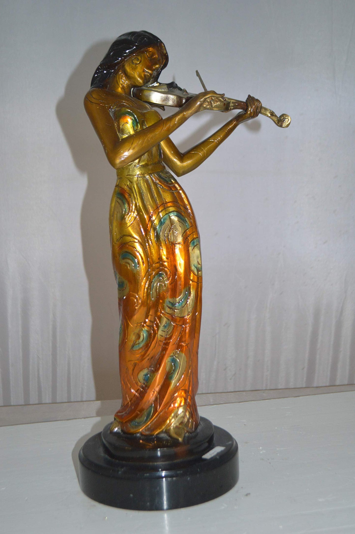 Girl Playing the violin Bronze Statue -  Size: 10"L x 7"W x 19"H.