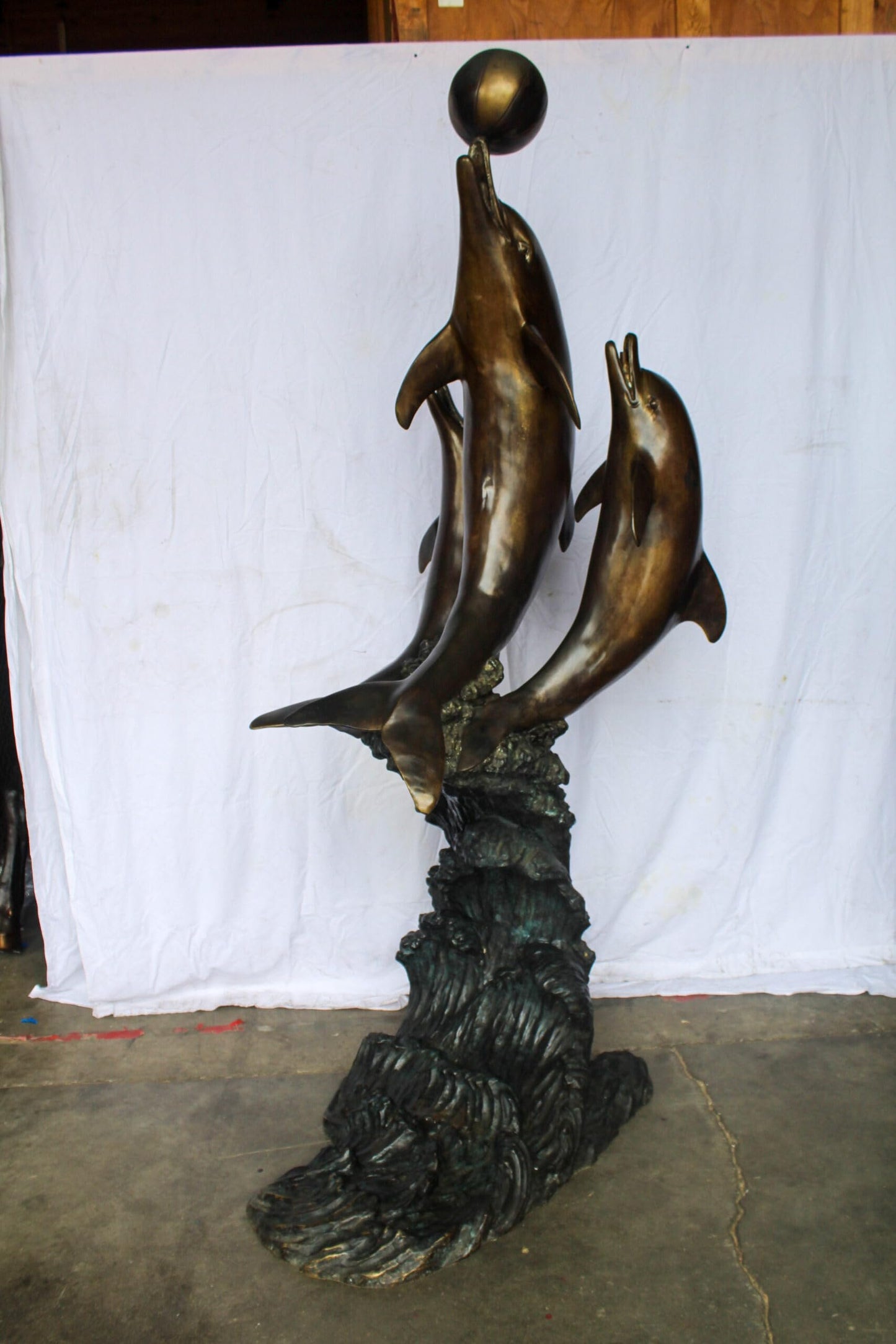 Three Dolphins Performing with Beach Ball Giant Bronze Fountain 41" x 27" x 91"H