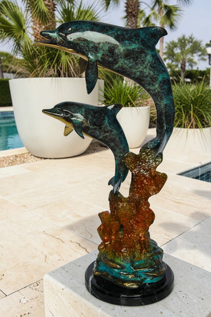 Bronze Dolphin Pair Statue Coastal Ocean Décor 8" x 11" x 22"H