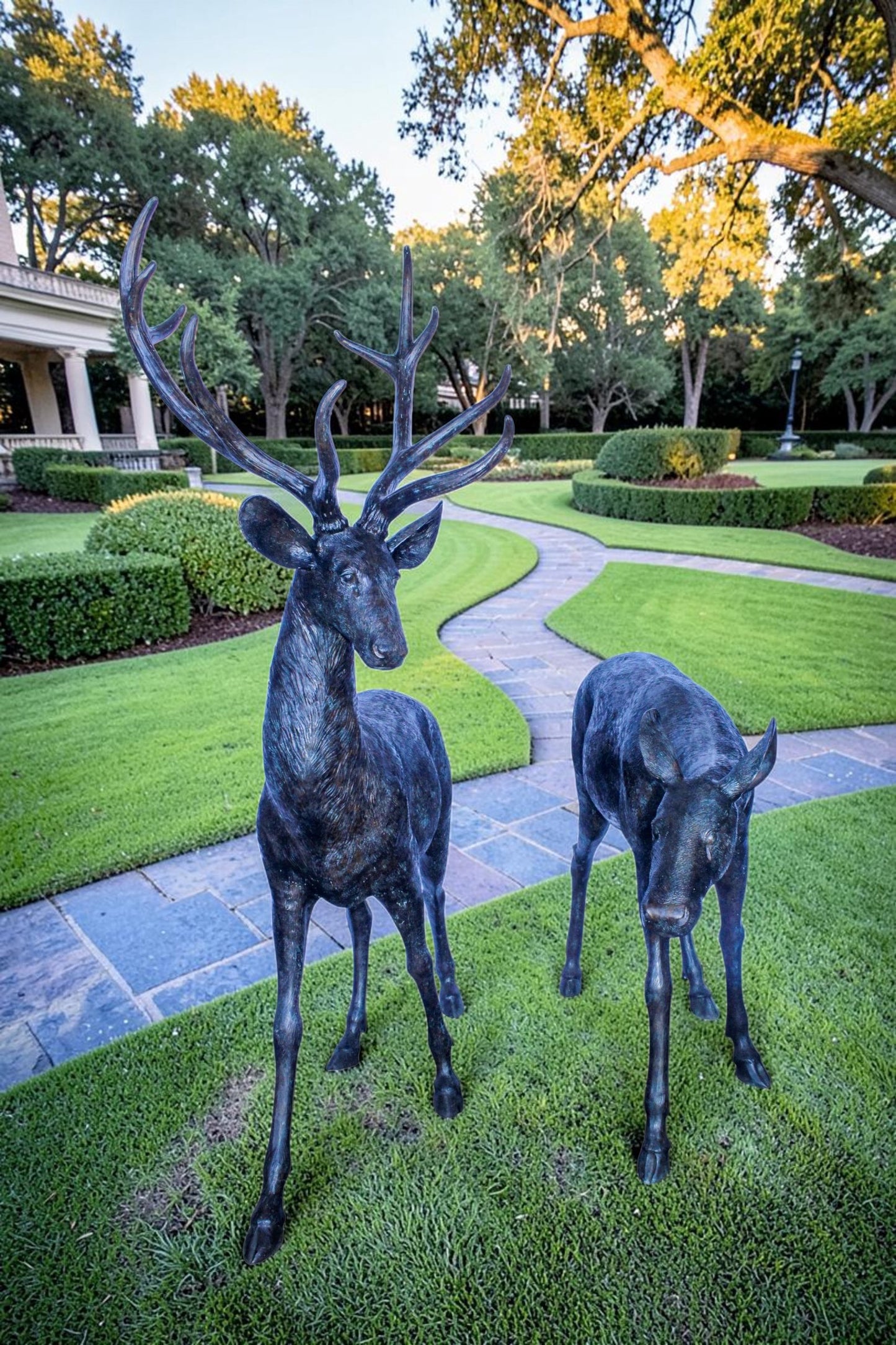 Life Size Bronze Statues of a Pair of Deer, Wildlife Display 58" x 18" x 58"H