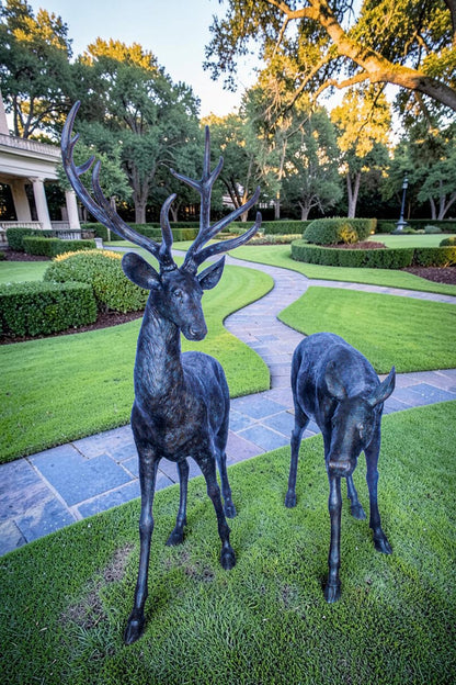 Life Size Bronze Statues of a Pair of Deer, Wildlife Display 58" x 18" x 58"H