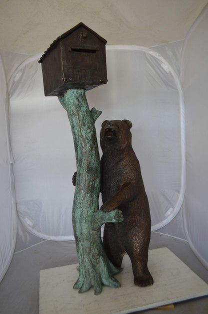 Bear beside a Tree with Mailbox Bronze Statue -  Size: 19"L x 20"W x 50"H