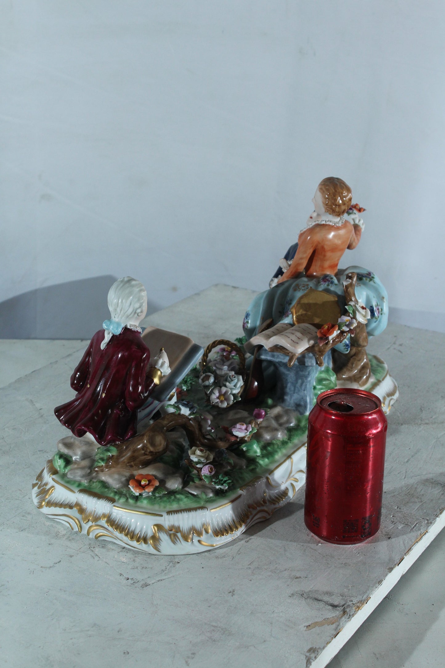 NIFAO Porcelain Rococo Courting Trio Figurine — Artist & Couple 20" x 8" x 10"H