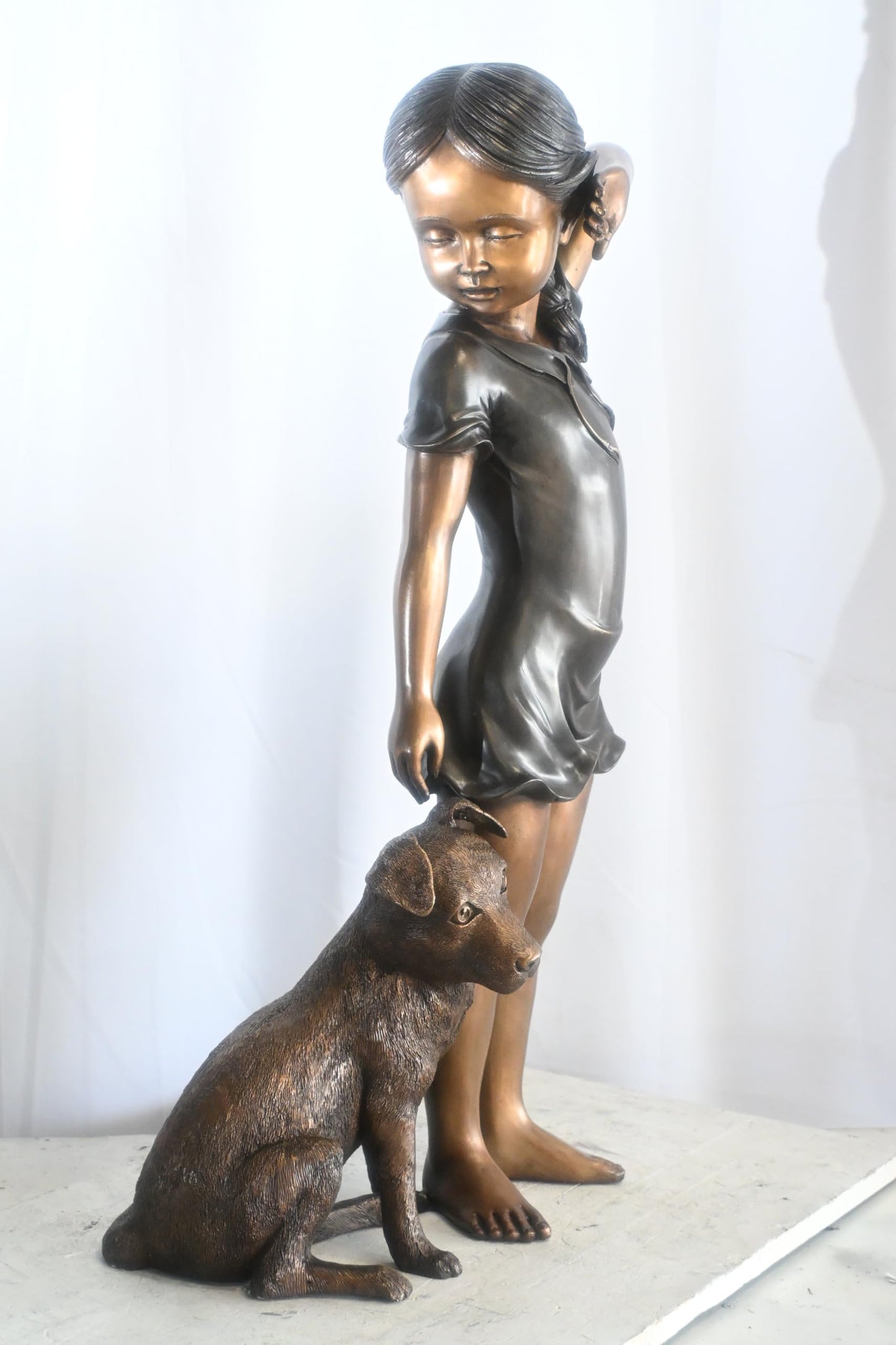 Bronze Girl with Dog Statue Young Child and Puppy Sculpture 18"x10"x37"H