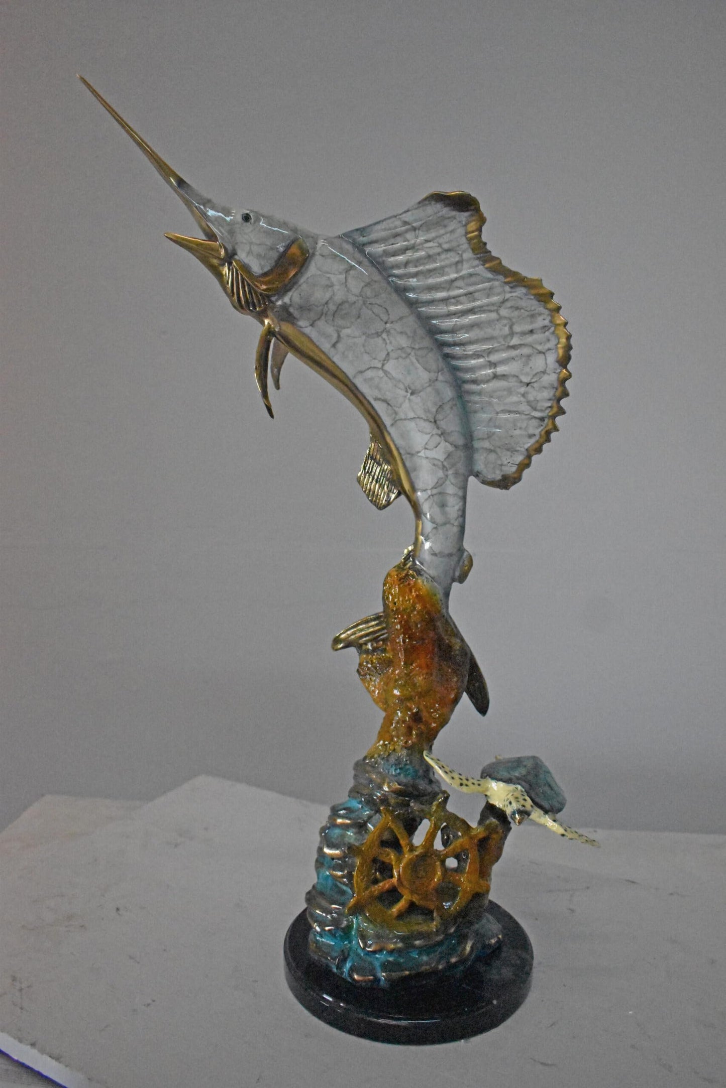 Nifao Sailfish and Turtle Bronze Statue on Marble Base – Lost Wax Marine Life Sculpture with Patina Finish - 12" L x 18" W x 31" H
