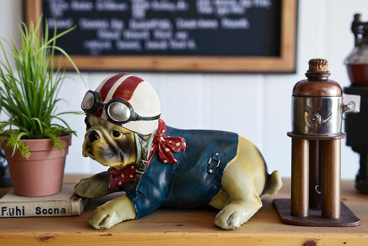 A Happy Dog Dressed in Motorcycle Rider Suit, Resin Statue 9" x 6" x 7"H