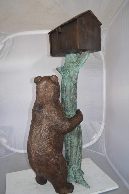 Bear beside a Tree with Mailbox Bronze Statue -  Size: 19"L x 20"W x 50"H