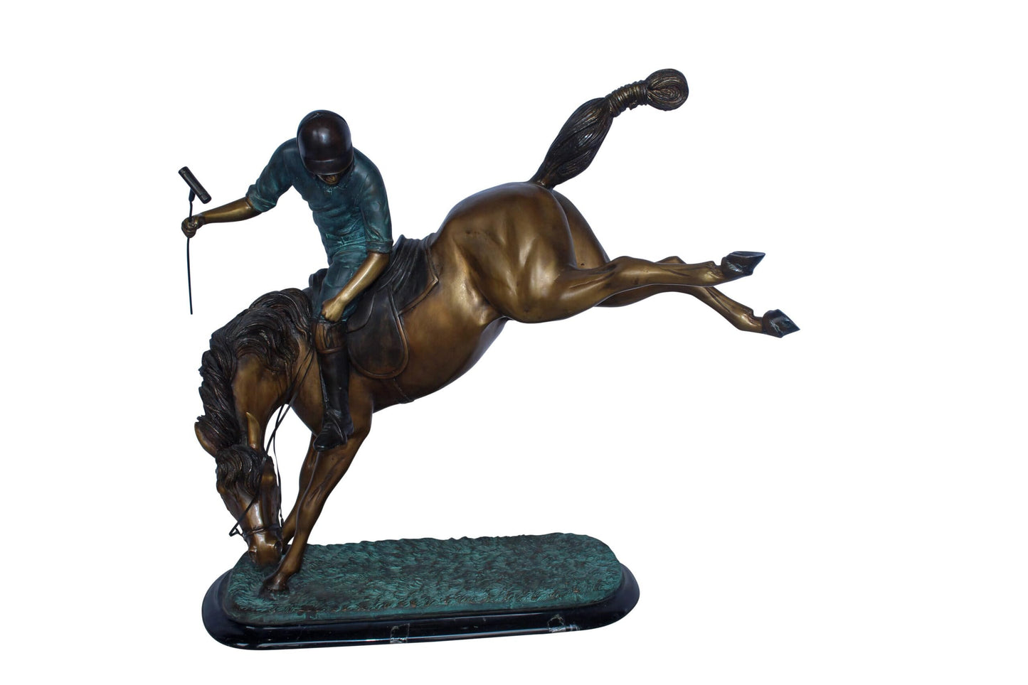 Dynamic Polo Player and Horse in Game Action Bronze Statue  21" x 11" x 22"H