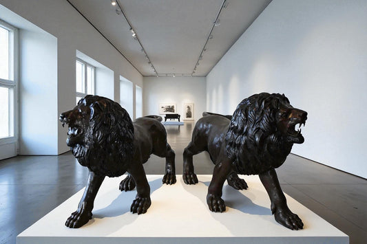 A Pair of Large Lions Walking Side by Side Bronze Statues Size: 24" x 60" x 41"H