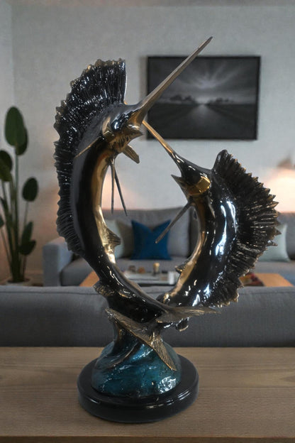 Bronze Sailfish Sculpture Pair Ocean Fish Statue 15"x12"x19"H