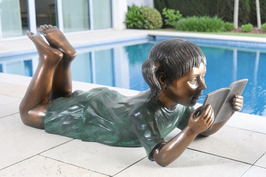 Bronze Girl Reading Fairy Tale Book Lying Down Sculpture 24"x10"x11"H