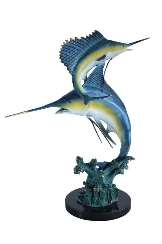 NIFAO Bronze Sailfish Duo Statue on Marble Base Coastal Sculpture 13" x 7" x 15"H