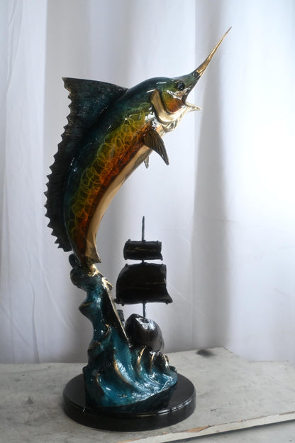 Leaping Marlin with Sailboat Bronze Sculpture 18"x18"x35"H