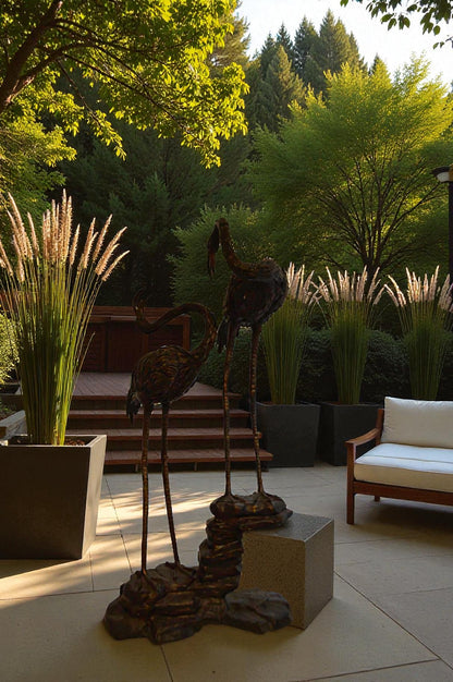 Pair of Flamingos Bronze Statue Fountain -  Size: 33"L x 22"W x 60"H.