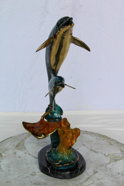Nifao Enchanting Bronze Mermaid with Two Dolphins Statue – Handcrafted Lost Wax Sculpture with Marble Base, Ocean Fantasy Art Decor for Home, Coastal Themes, and Collectors 9" x 7" x 22"H