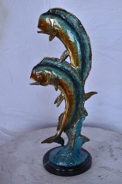 Two Dorado, Mahi Mahi Bronze Statue on Marble Base - Size: 9"L x 9"W x 22"H.