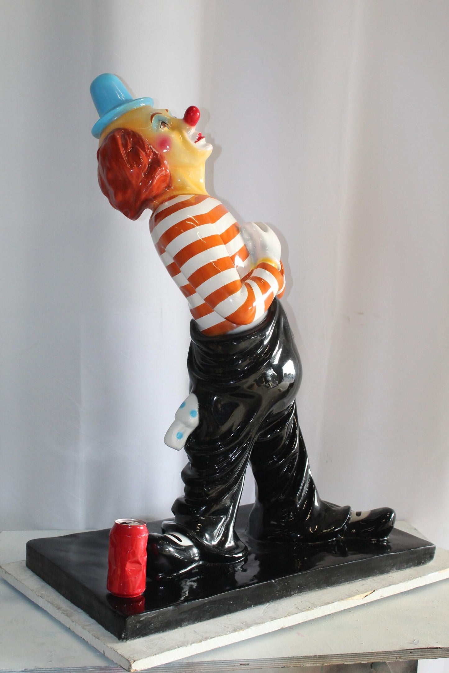 Colorful Fiberglass Clown Fiberglass Statue, Striped Shirt 27" x 17" x 39"H