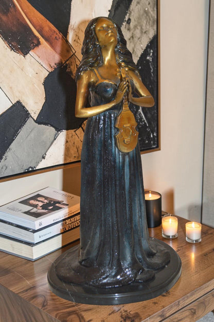 Lady With Violin Bronze Statue -  Size: 11"L x 8"W x 23"H.