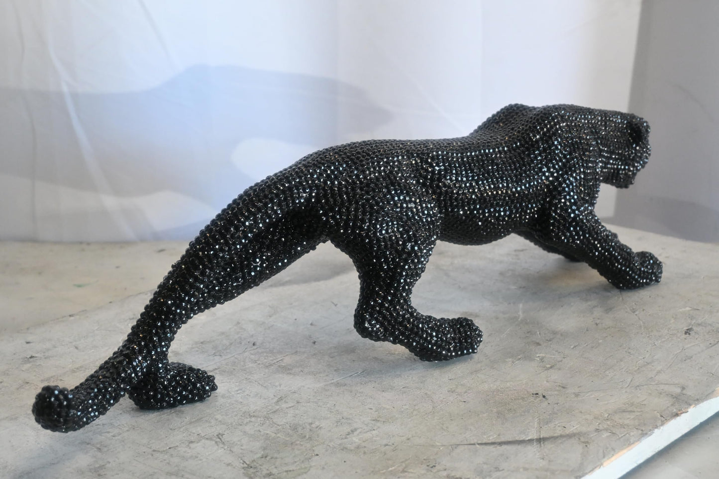 Black Crystal Beaded Panther Sculpture Prowling Resin Decor 29"x5"x7"H