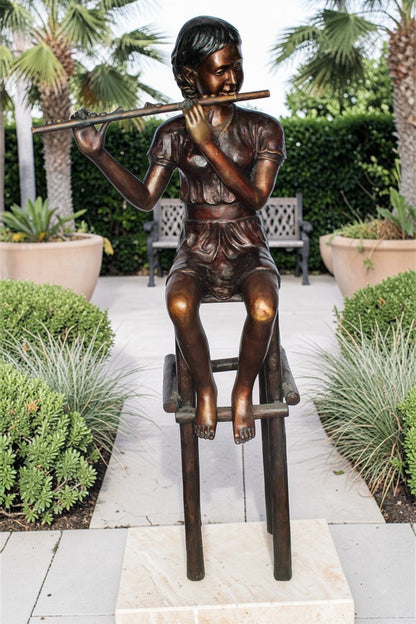 Young Girl Playing the Flute sitting on a Chair Bronze Statue 24" x 16" x 58"H