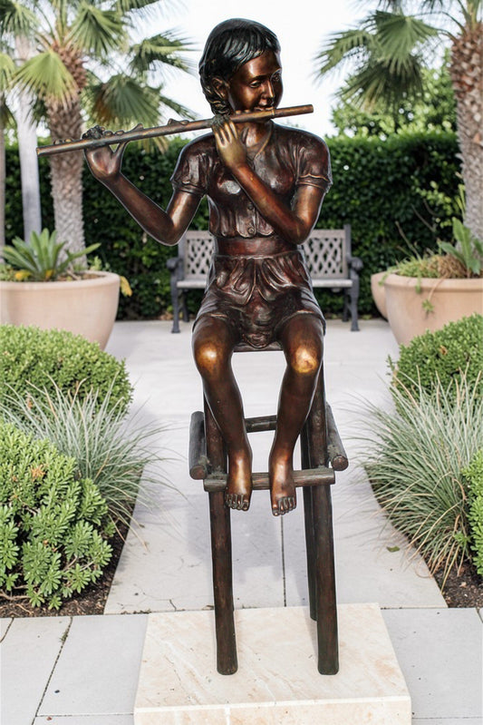 Young Girl Playing the Flute sitting on a Chair Bronze Statue 24" x 16" x 58"H