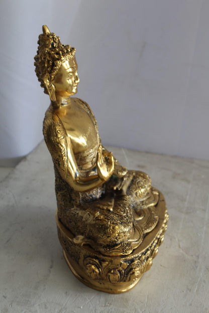 Tibetan Buddha Aluminum Sculpture in Radiant Gold Finish 10" x 7" x 14"H
