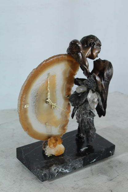 NIFAO Angel Clock Sculpture with Agate Bronze Art by Vidal Spain 10"x5"x12"H