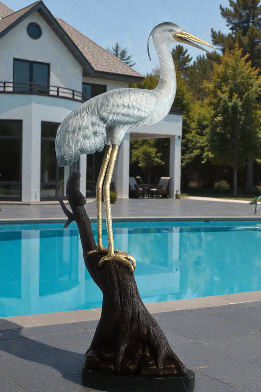 Bronze Heron Statue on Driftwood Marble Base Sculpture 17"x17"x37"H