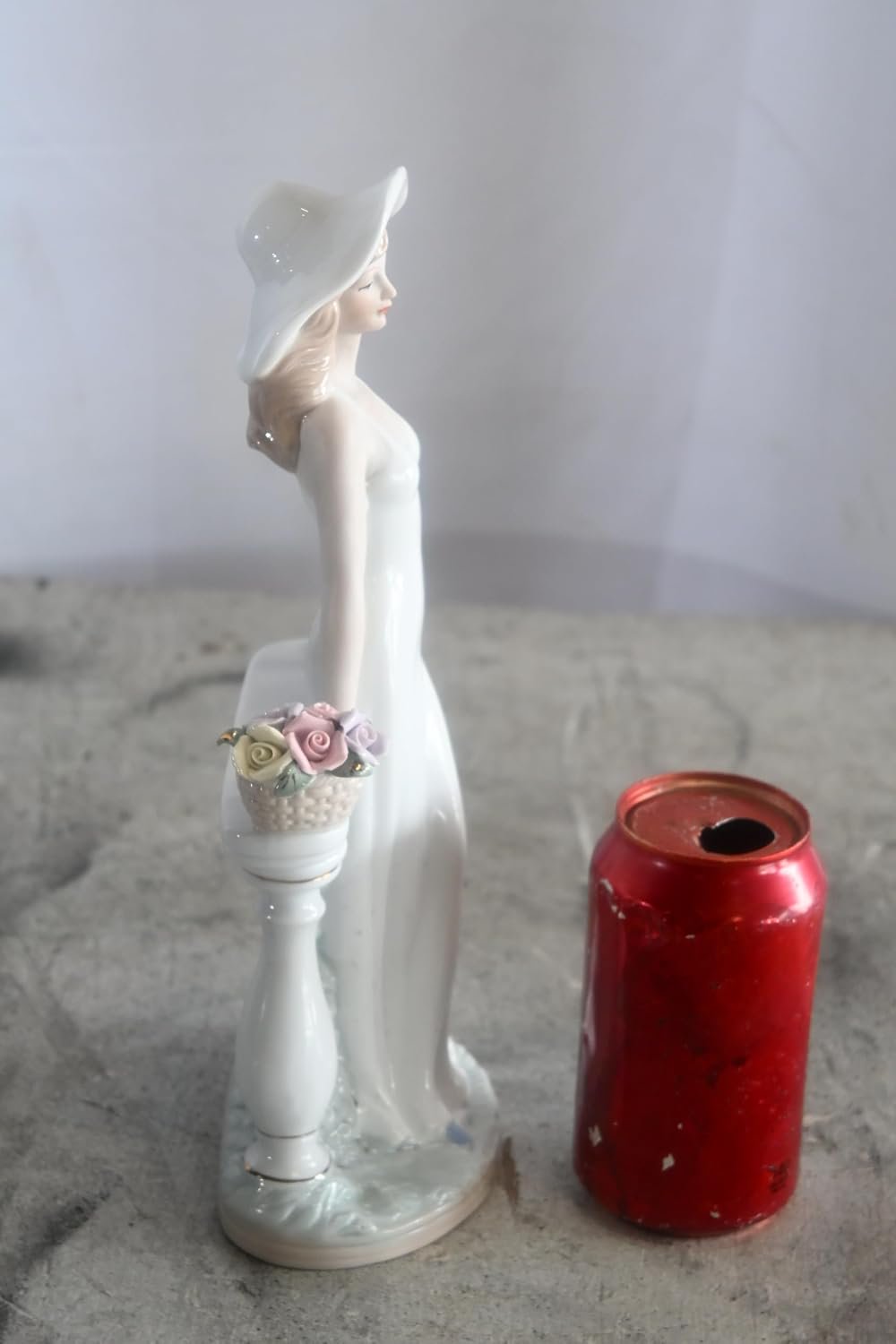 Porcelain Elegant Lady White Gown Hat Rose Basket Statue 6"x4"x12"H