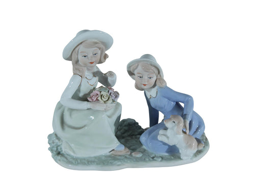 NIFAO Porcelain Figurine Two Girls with Puppy and Flowers 9"x4"x8"H