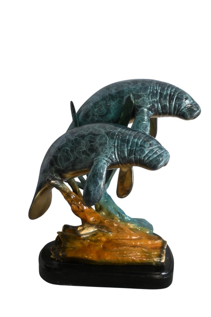 Two Manatees Bronze Sculpture Marble Base Ocean Life 15"x11"x12"H
