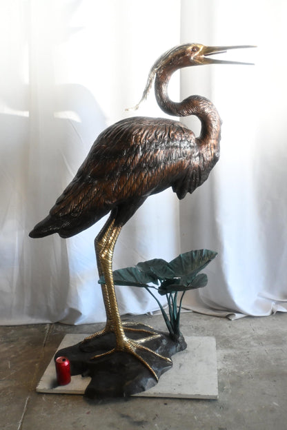 Large Bronze Heron Fountain Sculpture with Lily Pad Base 40"x29"x60"H