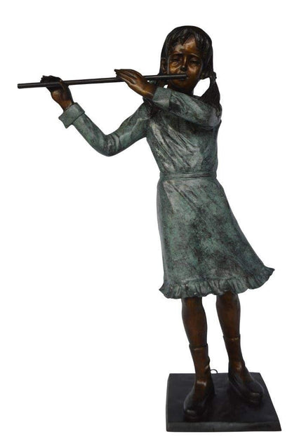 Girl playing flute large bronze statue -  Size: 30"L x 15"W x 50"H.
