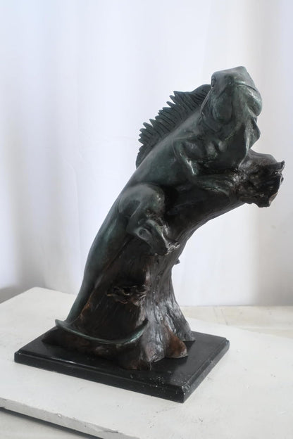 Bronze Iguana Sculpture on Branch with Marble Base 20"x7"x22"H
