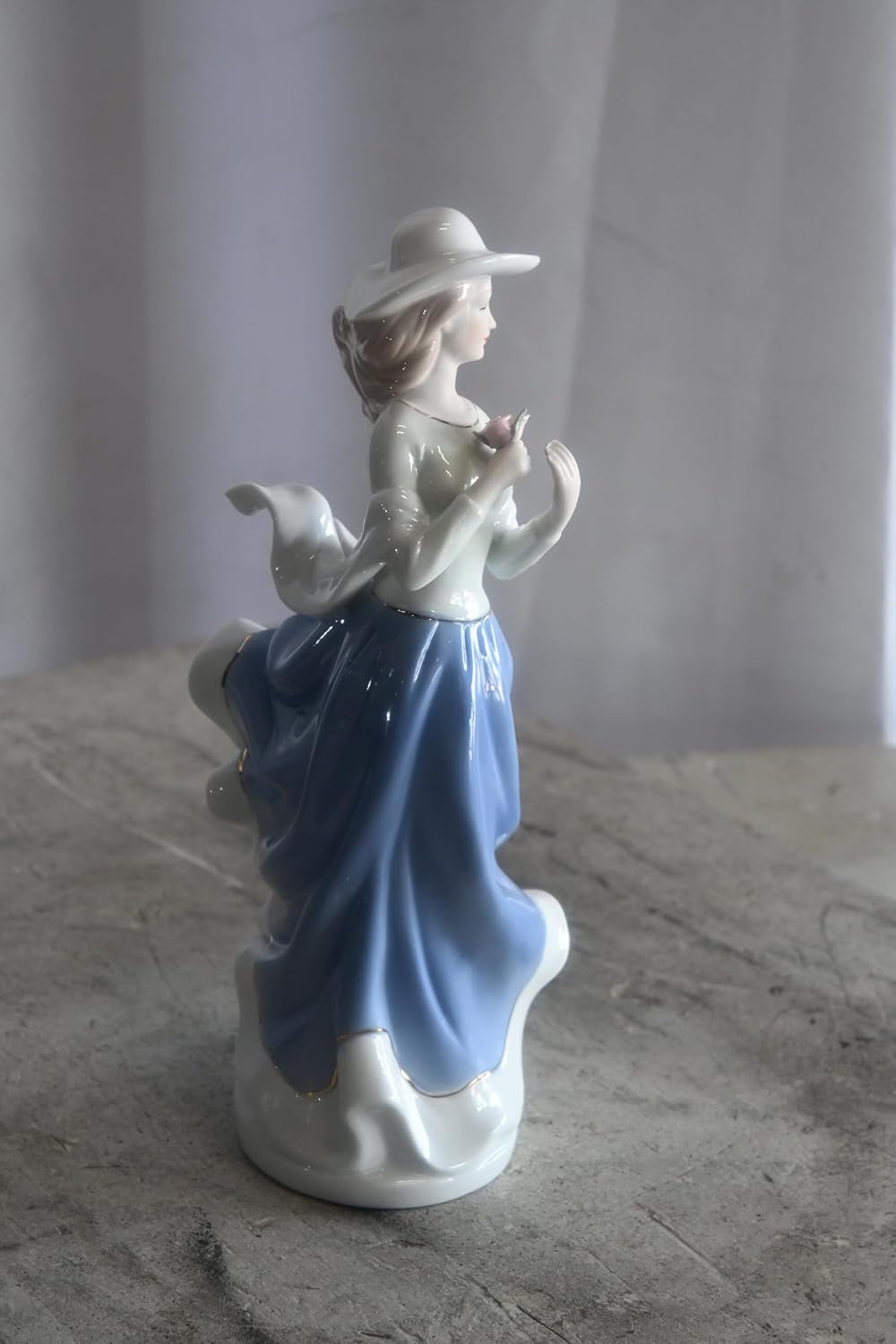 Porcelain Elegant Lady Blue Dress Hat Figurine with Rose 5"x4"x12"H