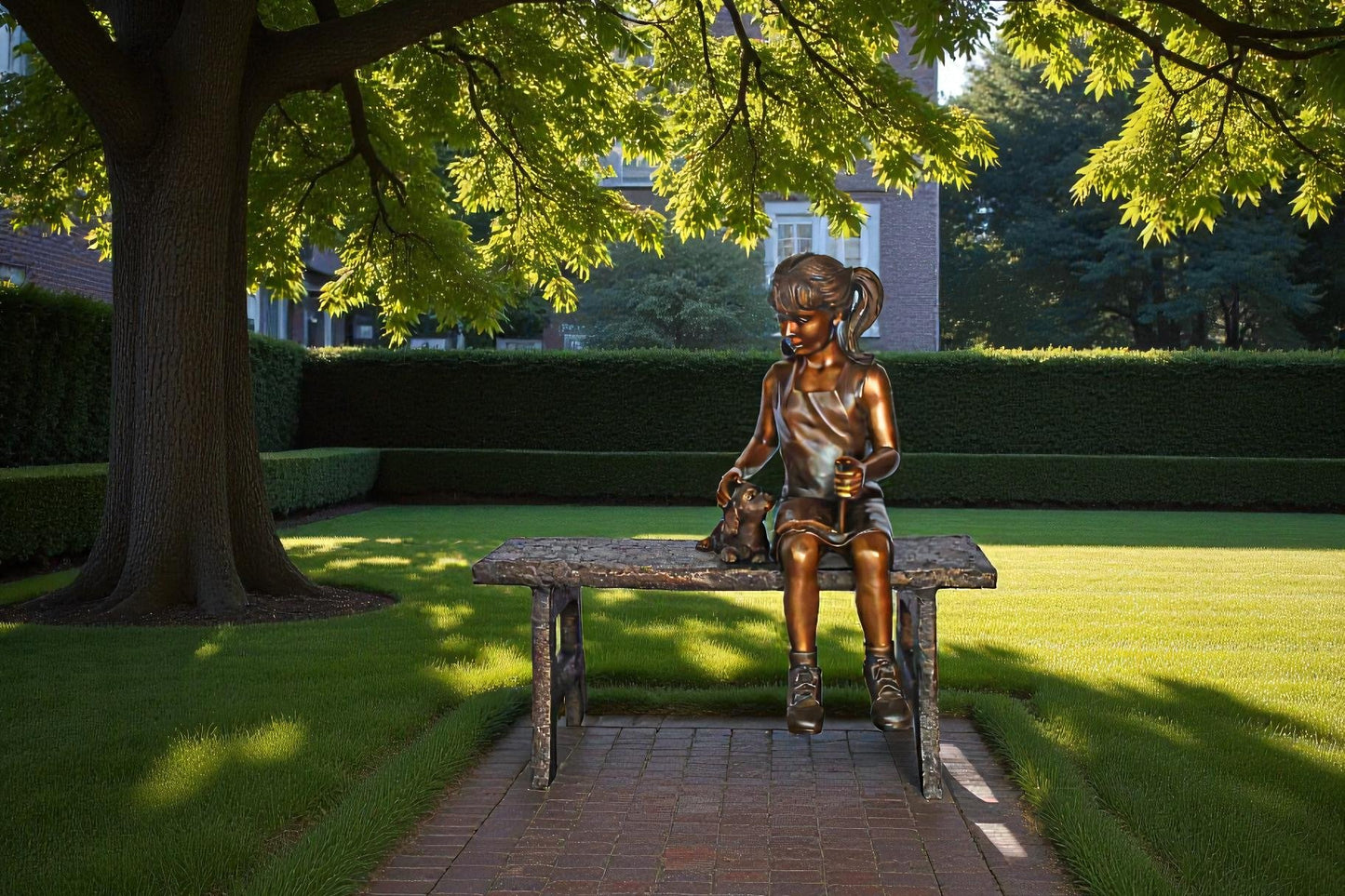 Young Girl with Her Puppy on Bench Reading Bronze Statue, Size 37" x 17" x 38"H