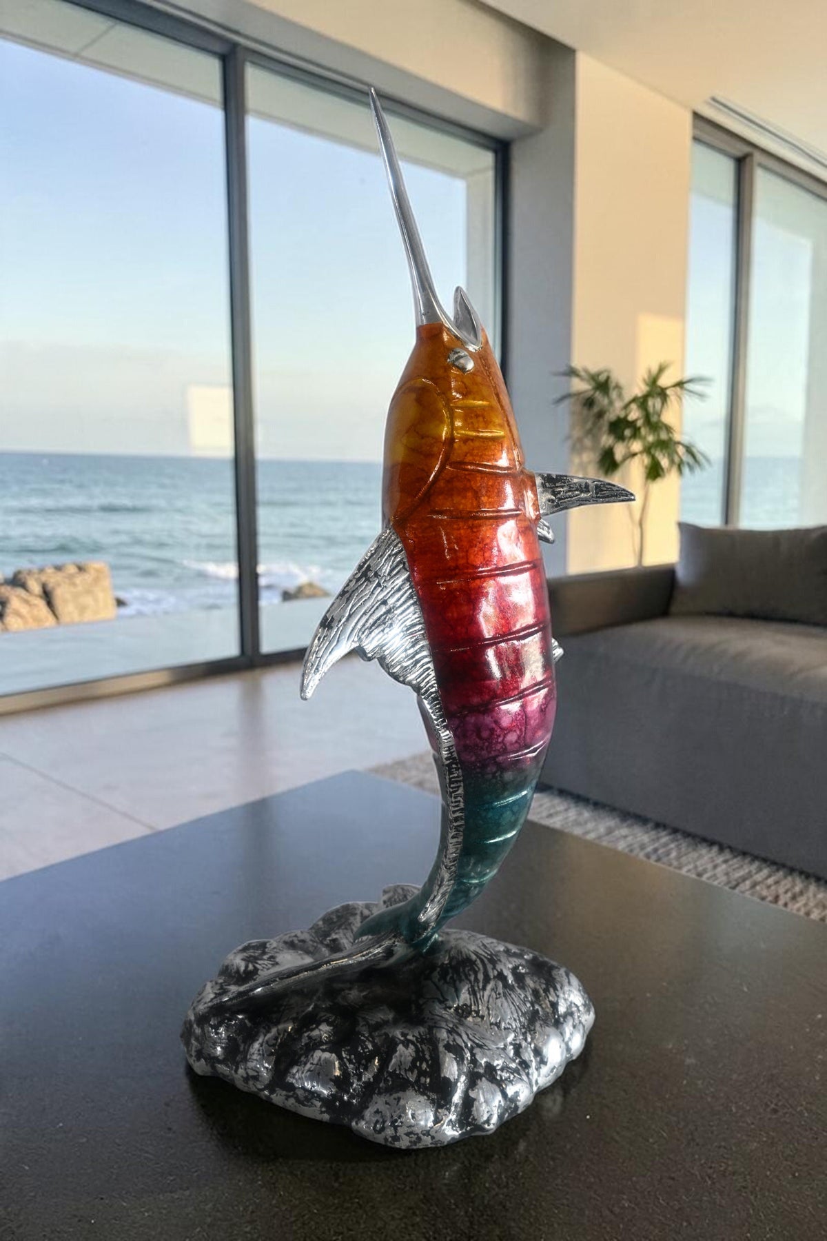 Leaping Swordfish Statue on Wave Base Aluminum Sea Decor 8"x10"x20"H