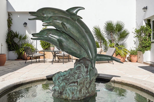 Three Dolphins Bronze Statue Fountain Green Patina Finish, Size 40" x 24" x 36"H