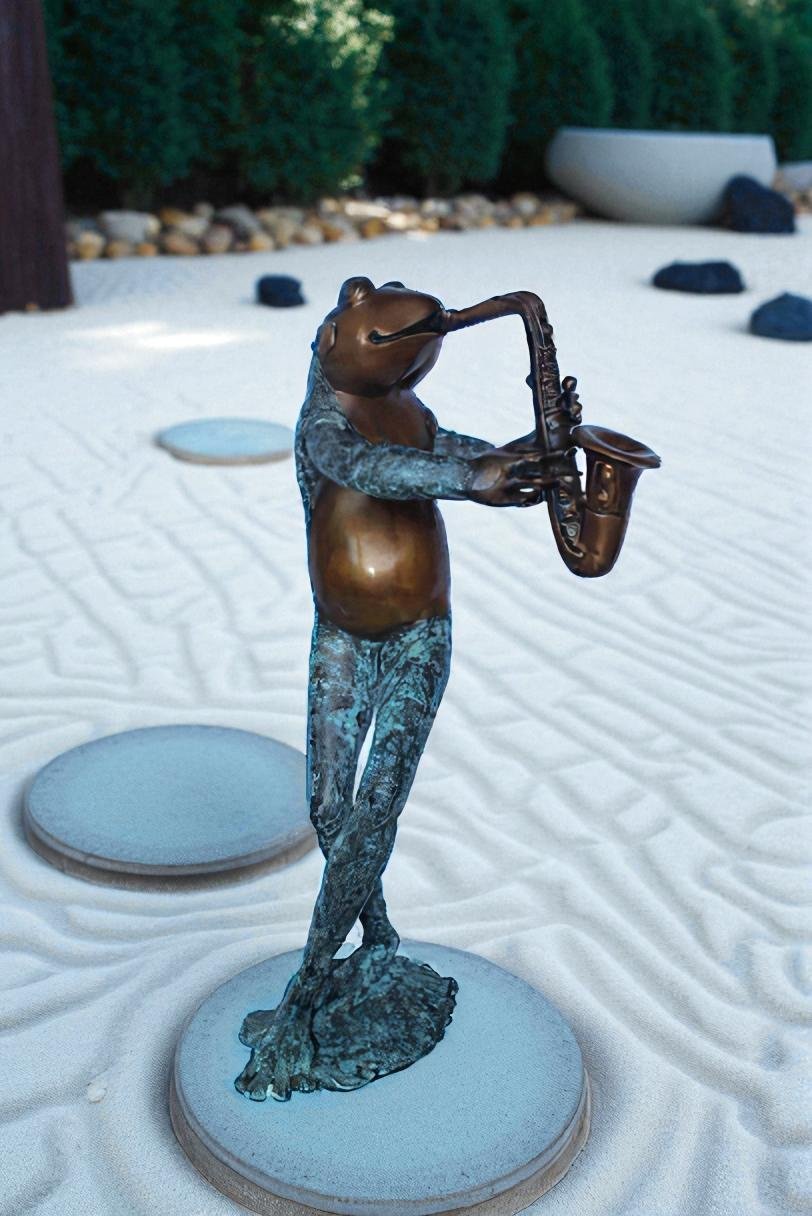 Musical Frog Playing Saxophone Bronze Fountain, Fun home Decor 14" x 9" x 32"H