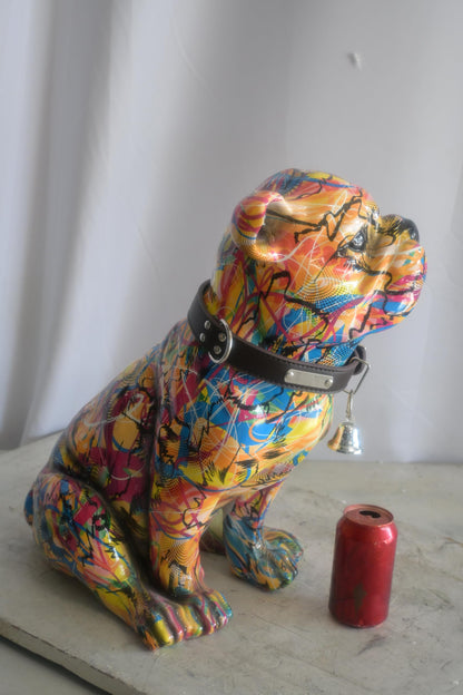 Resin Graffiti Pop Art Bulldog Sculpture with Collar 18"x11"x20"H