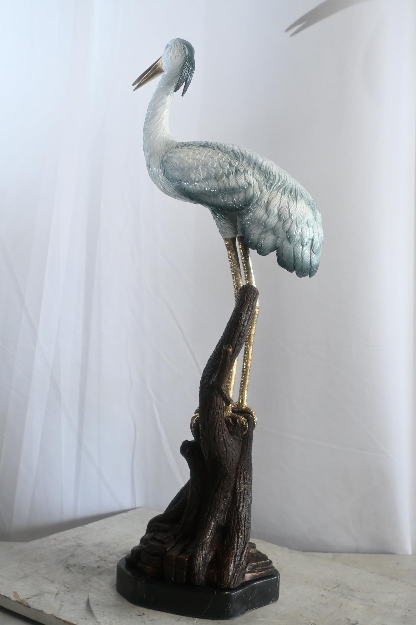 Bronze Heron Statue on Driftwood Marble Base Sculpture 17"x17"x37"H