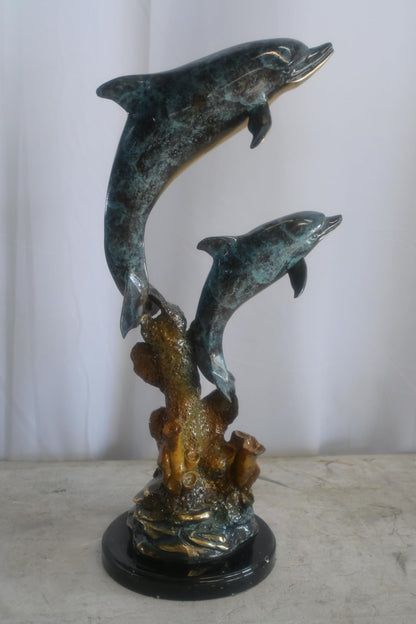 Bronze Dual Leaping Dolphin Sculpture on Marble Base 10"x6"x24"H